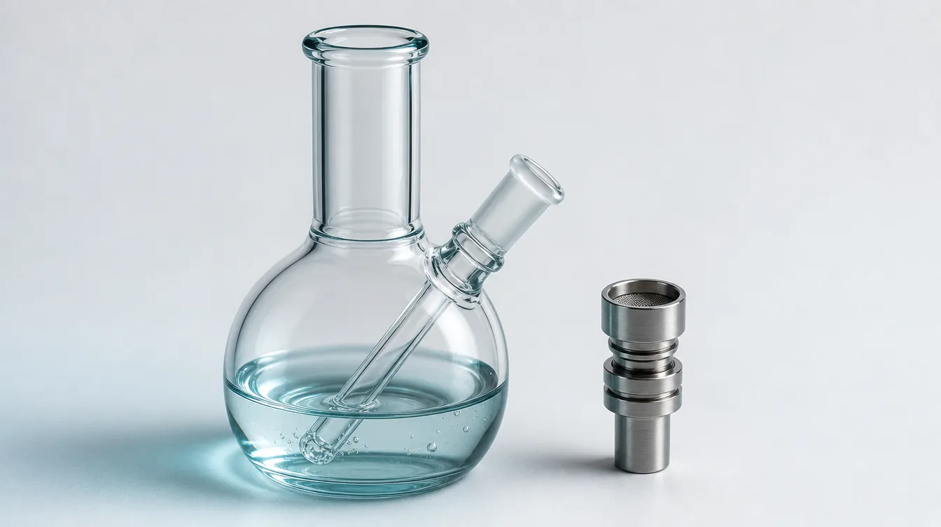 Glasgefäß mit niedrigem Wasserstand, Tauchrohr und separat liegendem Metalladapter.