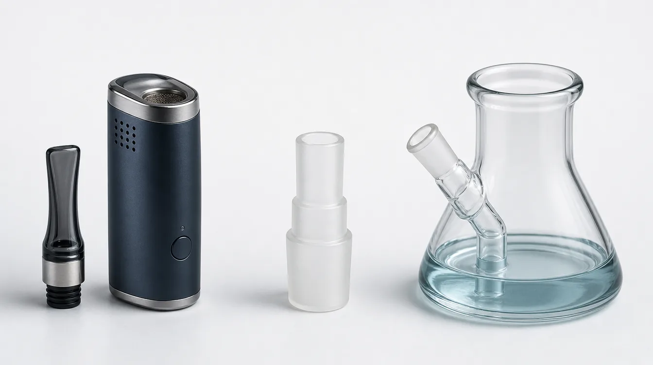 Portable vaporizer, glass adapter and water vessel shown as separate components.
