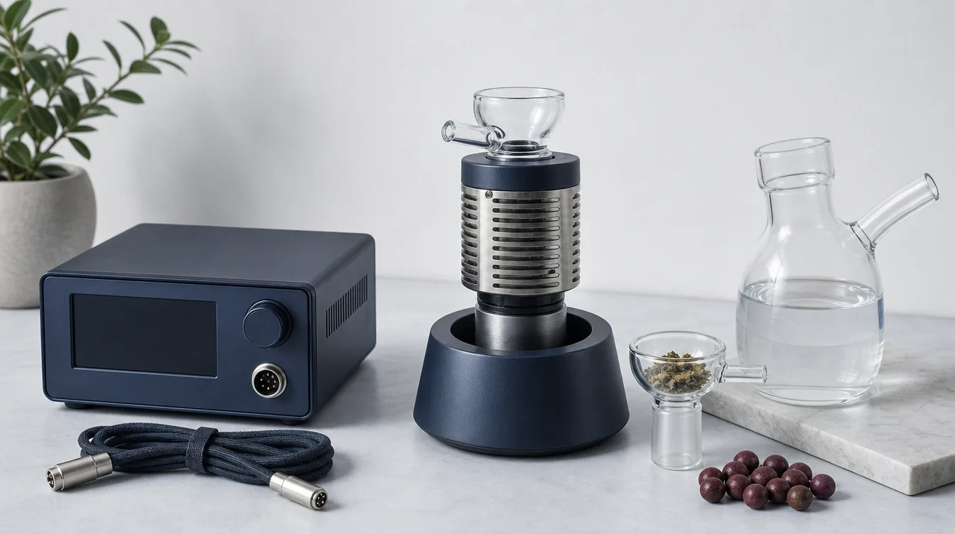 Schematische Ball-Vape-Komponenten mit Regler, Heizkopf im Ständer, Glasschale, Wassergefäß und Kugeln.