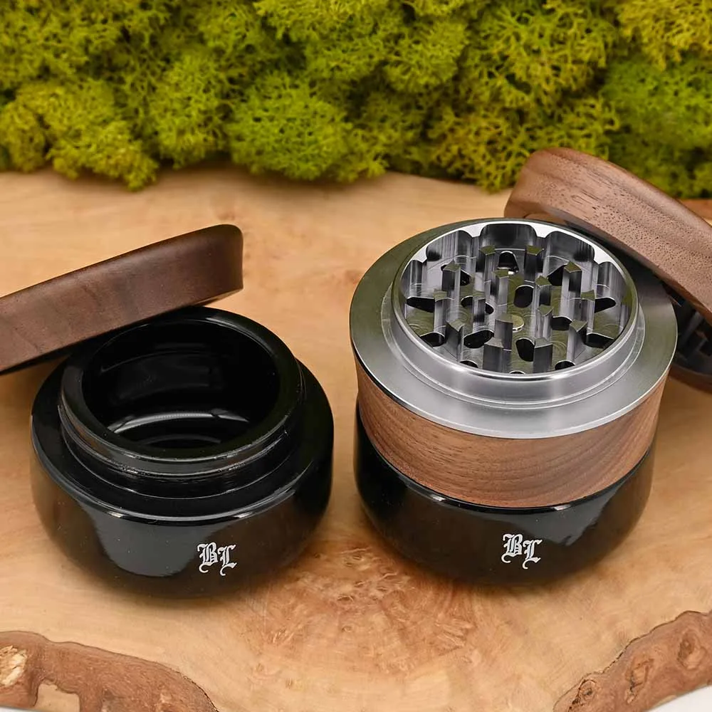 Black Leaf Wooden Grinder 4-Piece with Violet Glass 73mm