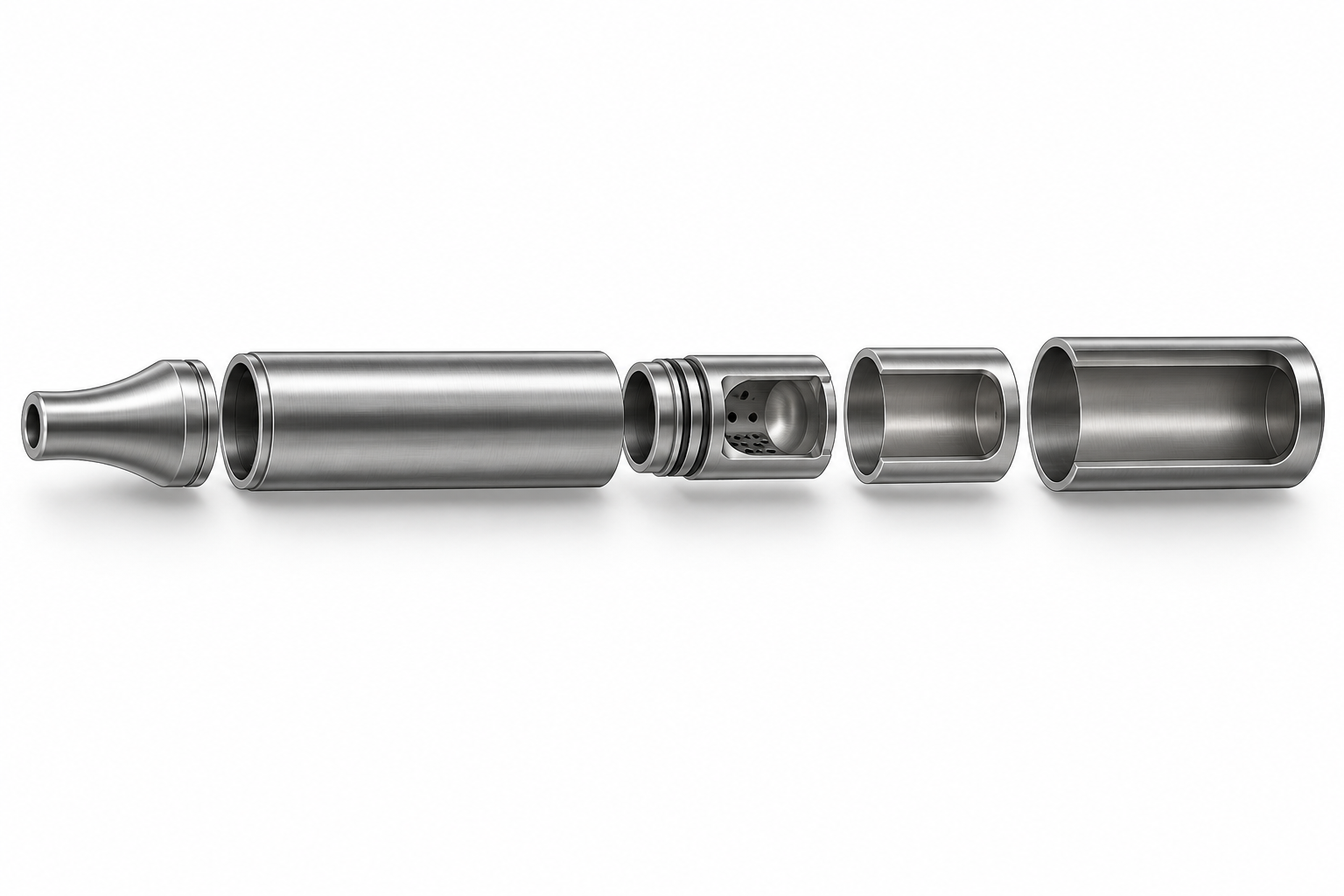 Vue éclatée d’un vaporisateur au format stylo avec embout buccal, tige, Tip, Cap et gaine de protection extérieure