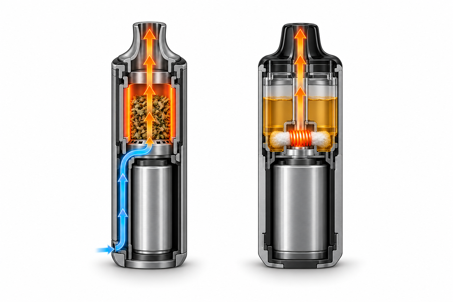 Dry-herb vaporizer with heating chamber next to an e-cigarette with liquid tank, wick, and heating coil